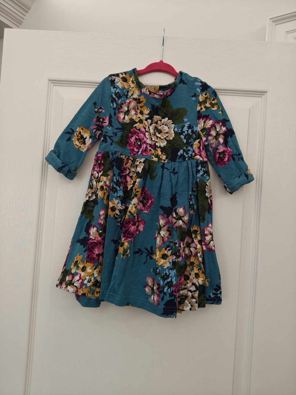 Vintage Joules Teal Floral Long-Sleeve Dress with Pink & Yellow Blooms